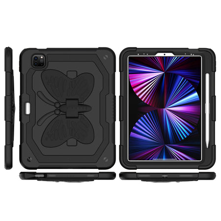 Premium Butterfly Kickstand 3-In-1 Tough Hybrid Case W/ Shoulder Strap For Samsung A9 Plus (11 Inch) - Black/Black