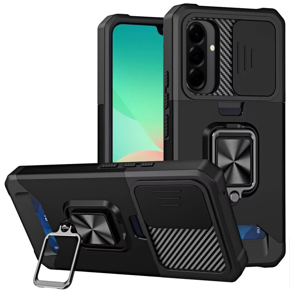 HR Premium Multi-Functional Card Magnetic Ring Stand Hybrid Camera Case Cover For Samsung Galaxy A27 - Black