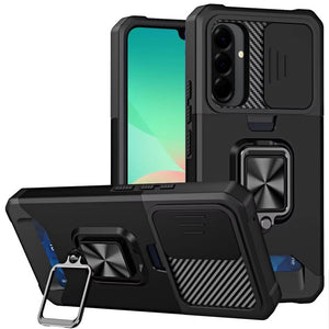 HR Premium Multi-Functional Card Magnetic Ring Stand Hybrid Camera Case Cover For Samsung Galaxy A27 - Black
