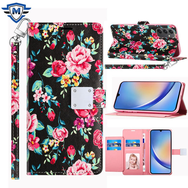 Metkase Design Wallet ID Credit Card Money Holder With Magnetic Metal Closure Including Lanyard In Premium Slide-Out Package For Motorola Moto G 5G 2024 - Tropical Romantic Colorful Roses Floral
