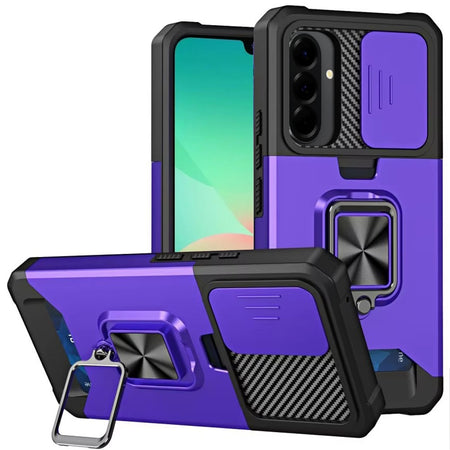 HR Premium Multi-Functional Card Magnetic Ring Stand Hybrid Camera Case Cover For Samsung Galaxy A27 - Dark Purple