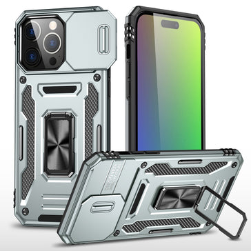 Premium Utter Tough Metal Ring Movable Camera Window Hybrid Case For iPhone 15 - Gray