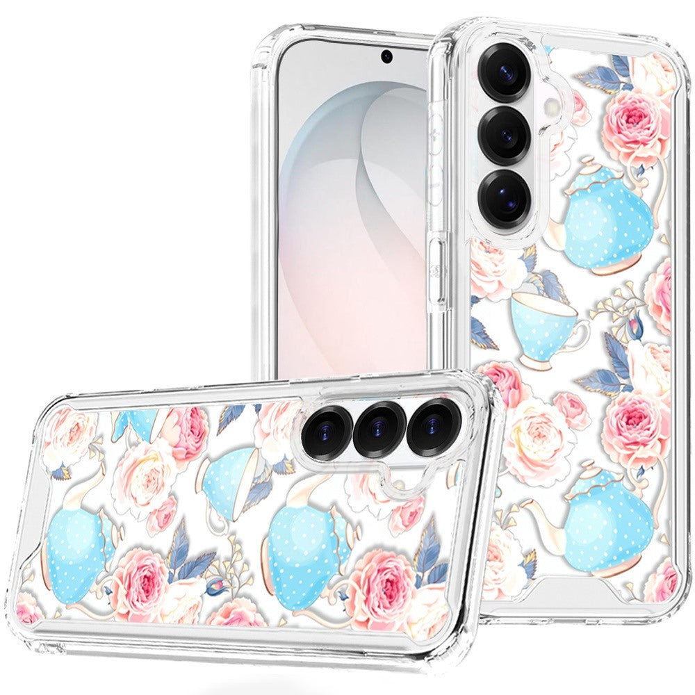 HR Premium Beautiful Tpu Designs Case For Samsung Galaxy S26 Fe - Pink Roses & Teal Teapots
