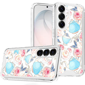 HR Premium Beautiful Tpu Designs Case For Samsung Galaxy S26 Fe - Pink Roses & Teal Teapots