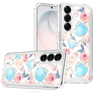 HR Premium Beautiful Tpu Designs Case For Samsung Galaxy S26 Fe - Pink Roses & Teal Teapots
