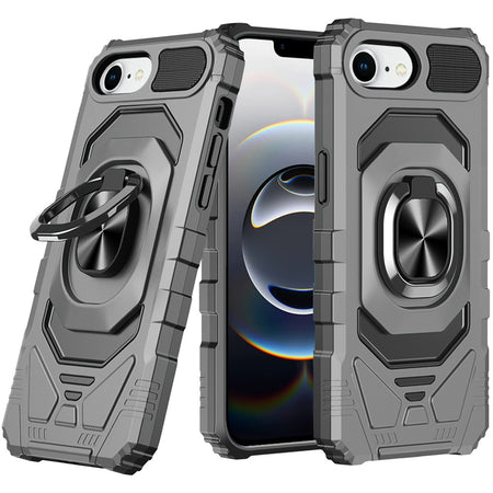 Premium Robotic Hybrid With Magnetic Ring Stand Case Cover For iPhone 16E / SE4 (2025) - Grey
