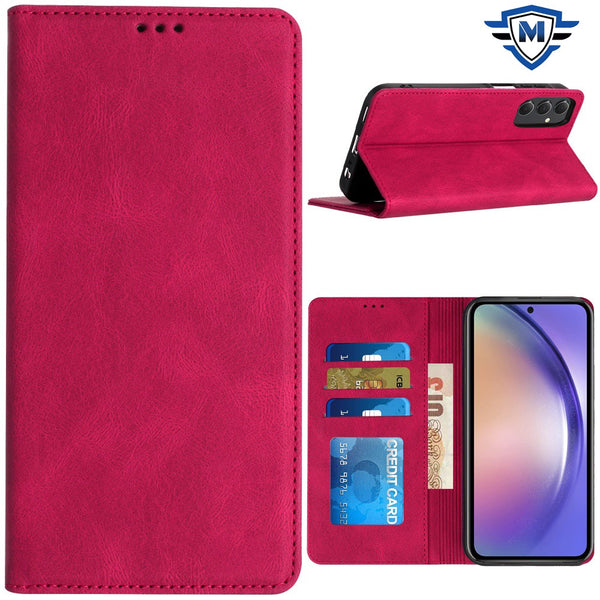 Metkase Wallet Premium Pu Vegan Leather Id Card Money Holder With Magnetic Closure In Premium Slide-Out Package For Samsung A15 5G - Hot Pink