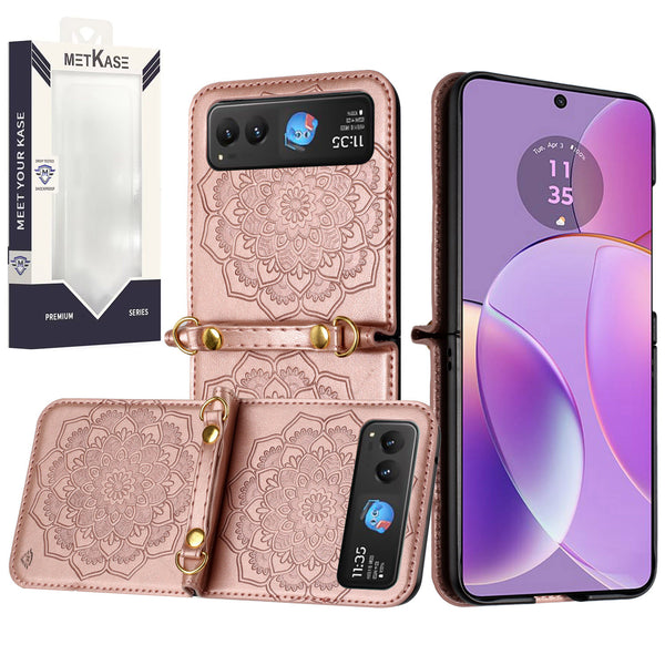 Metkase Embossed Floral Design Case W/Strap Slide-Out Package For Motorola Razr 2023 - Rose Gold