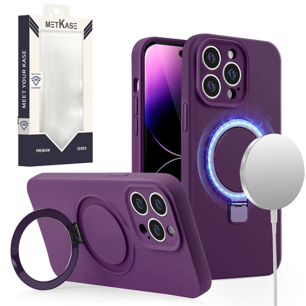 Metkase Magnetic Ring Stand Liquid Silicone Case for iPhone 15 Plus - Dark Purple