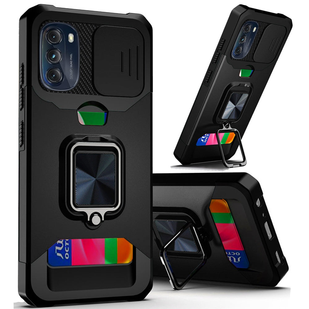 Hybrid Case For Moto G 5G (2022) - Black - Card Holder Magnetic Ring Stand Wild Flag