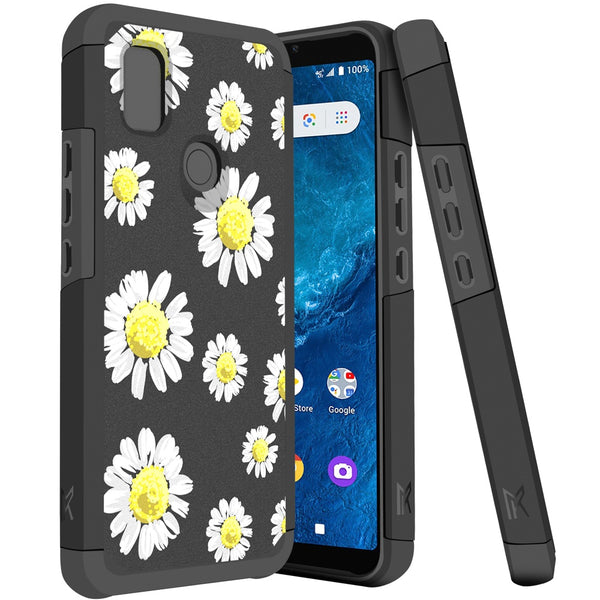 Metkase Tough Strong Hybrid (Magnet Mount Friendly) Case For Cricket Icon 4 - Chamomile Flowers