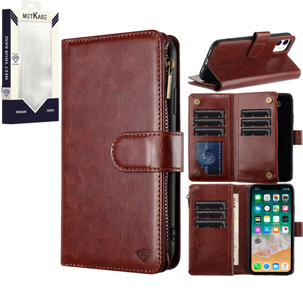 Metkase Luxury Wallet Card ID Zipper Money Holder For iPhone 15 - Brown