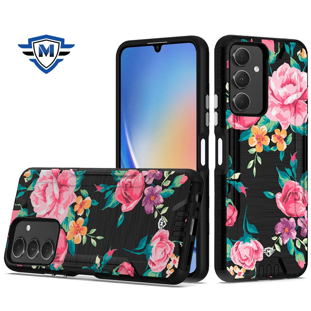 Metkase Strong Tough Metallic Design Hybrid In Premium Slide-Out Package For Samsung A15 5G - Tropical Romantic Colorful Roses Floral