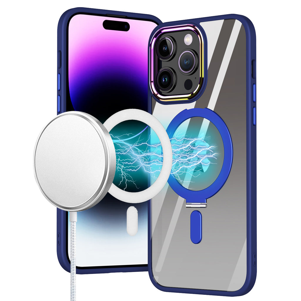 Metkase Dazzle Magnetic Ring Stand Chrome Transparent Hybrid Case for iPhone 15 Pro Max - Navy Blue
