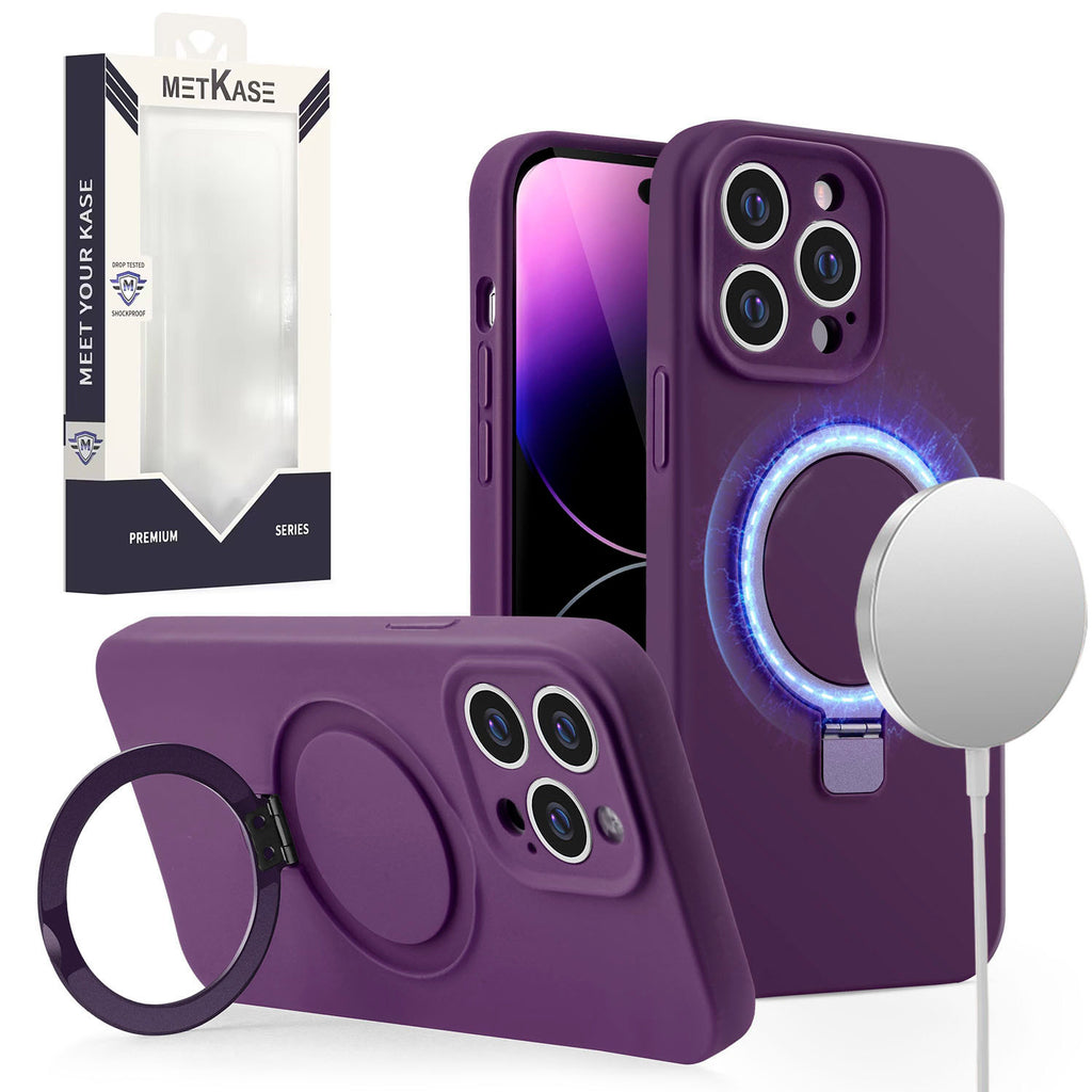 Metkase Magnetic Ring Stand Liquid Silicone Case for iPhone 15 Pro - Dark Purple