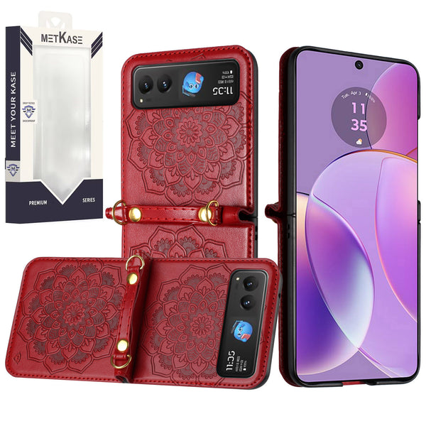 Metkase Embossed Floral Design Case With Strap In Slide-Out Package For Motorola Razr 2023 - Red