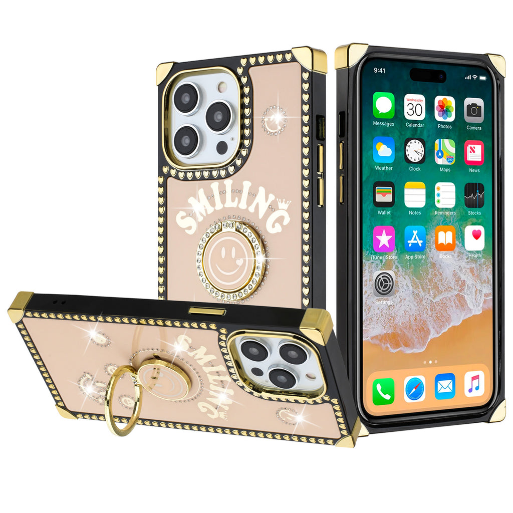 Design Case For iPhone 11 - Gold - Passion Square Hearts Smiling Diamond Ring Stand Wild Flag