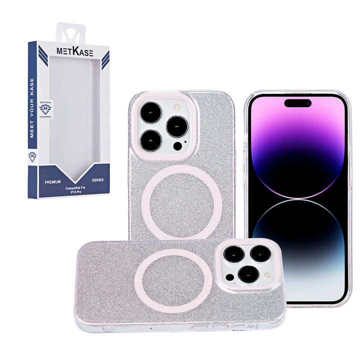Metkase Imd Design Pattern [Magnetic Circle] Premium Case For iPhone 15 Pro - Light Pink Glitter