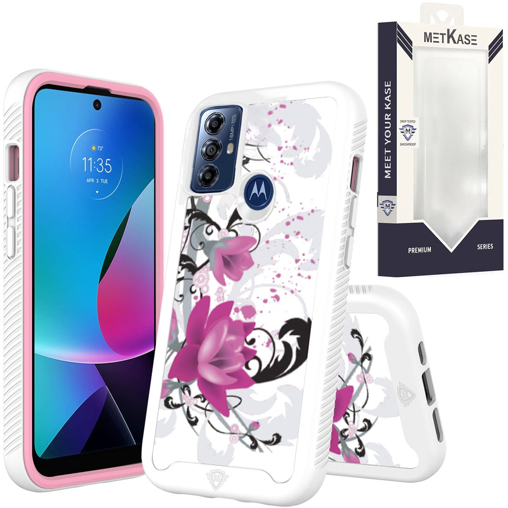 Metkase Premium Exotic Design Hybrid Case In Slide-Out Package For Motorola Moto G Play 2023 - Rose Pink Floral