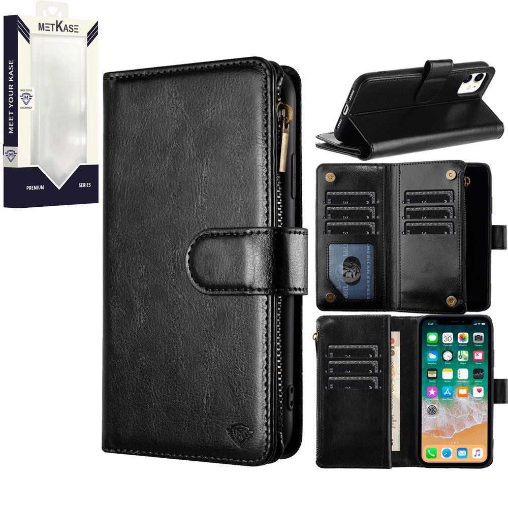 Metkase Luxury Wallet Card ID Zipper Money Holder For iPhone 15 - Black