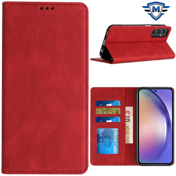 Metkase Wallet Premium Pu Vegan Leather Id Card Money Holder With Magnetic Closure In Premium Slide-Out Package For Samsung A15 5G - Red