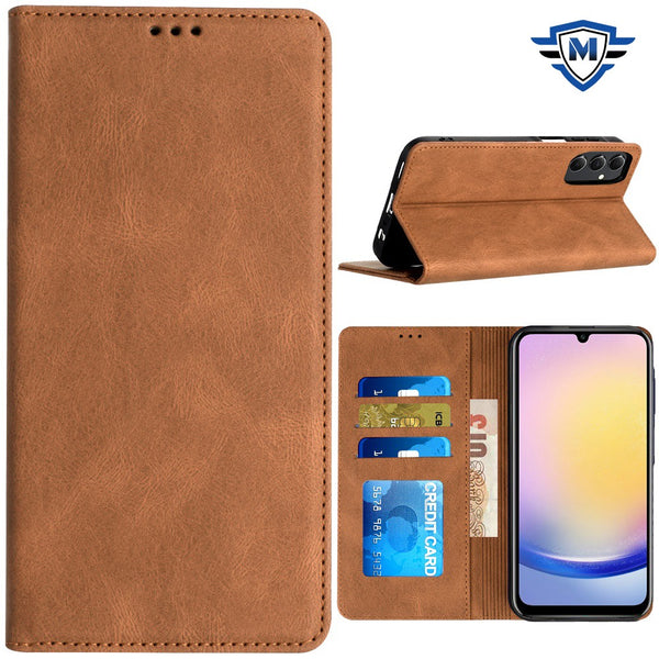 Metkase Wallet PU Vegan Leather ID Card Money Holder With Magnetic Closure In Slide-Out Package For Samsung A25 5G - Brown