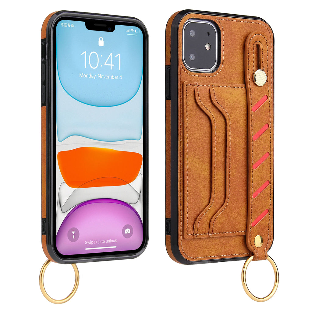 Leather Case For iPhone 11 - Tan - Multi-Functional Cards Slot Wrist Strap Wild Flag
