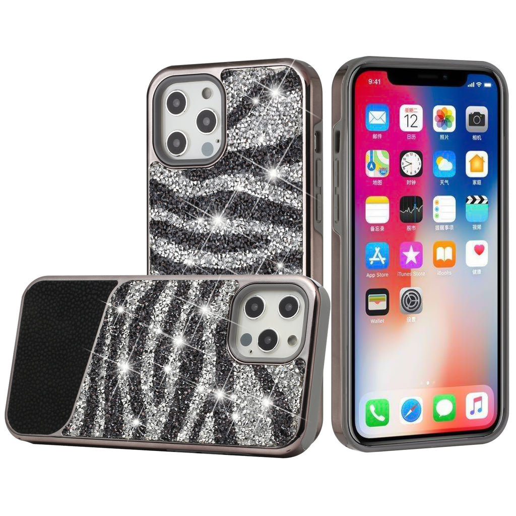 Hybrid Design Case For iPhone SE/SE2/SE3/8/7- Black Zebra - Bling Animal Design Glitter Wild Flag