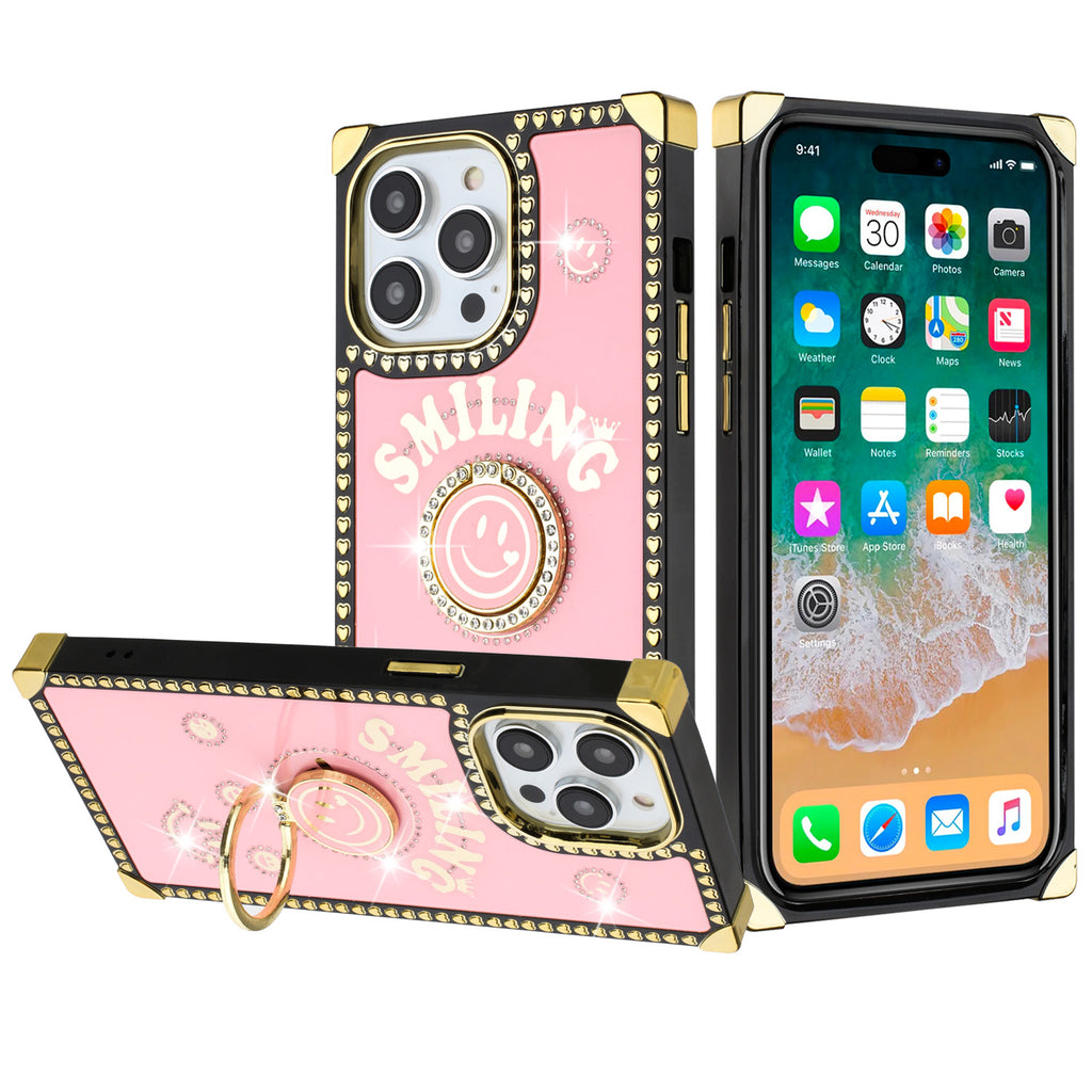 Design Case For iPhone 11 - Pink - Passion Square Hearts Smiling Diamond Ring Stand Wild Flag