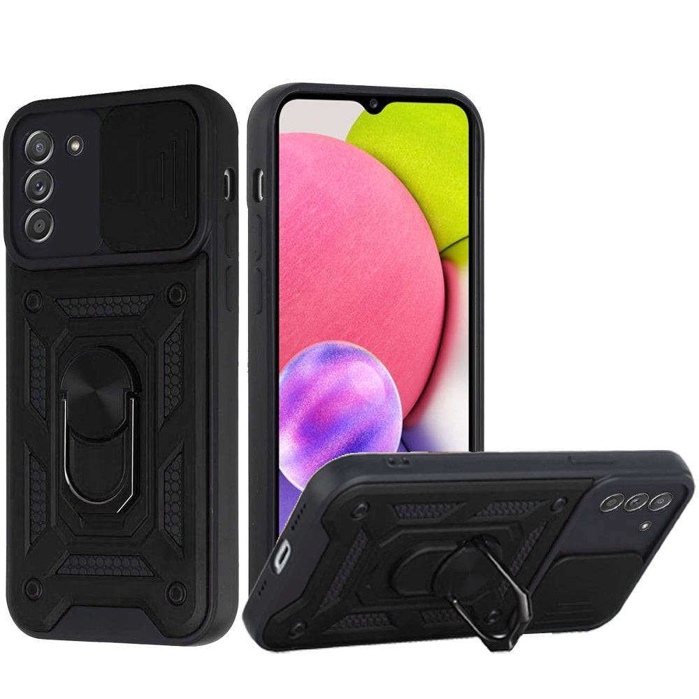 Hybrid Case For Samsung Galaxy A03S (2022) - Black - Camera Push Magnetic Ring Stand Wild Flag