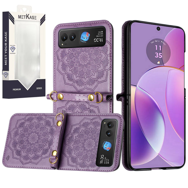 Metkase Embossed Floral Design Case With Strap In Slide-Out Package For Motorola Razr 2023 - Purple