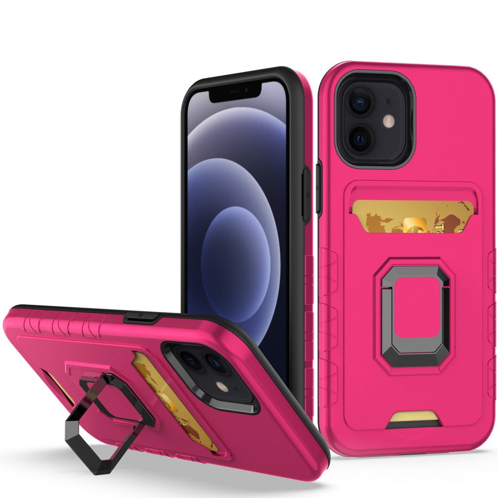 Hybrid Case For iPhone SE/SE2/SE3/8/7- Hot Pink - Card Holder With Magnetic Ring Stand Wild Flag