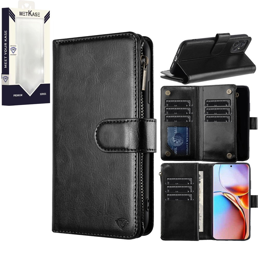 Metkase Wallet PU Vegan Leather  with Magnetic Closure For Motorola Edge Plus (2023) - Black
