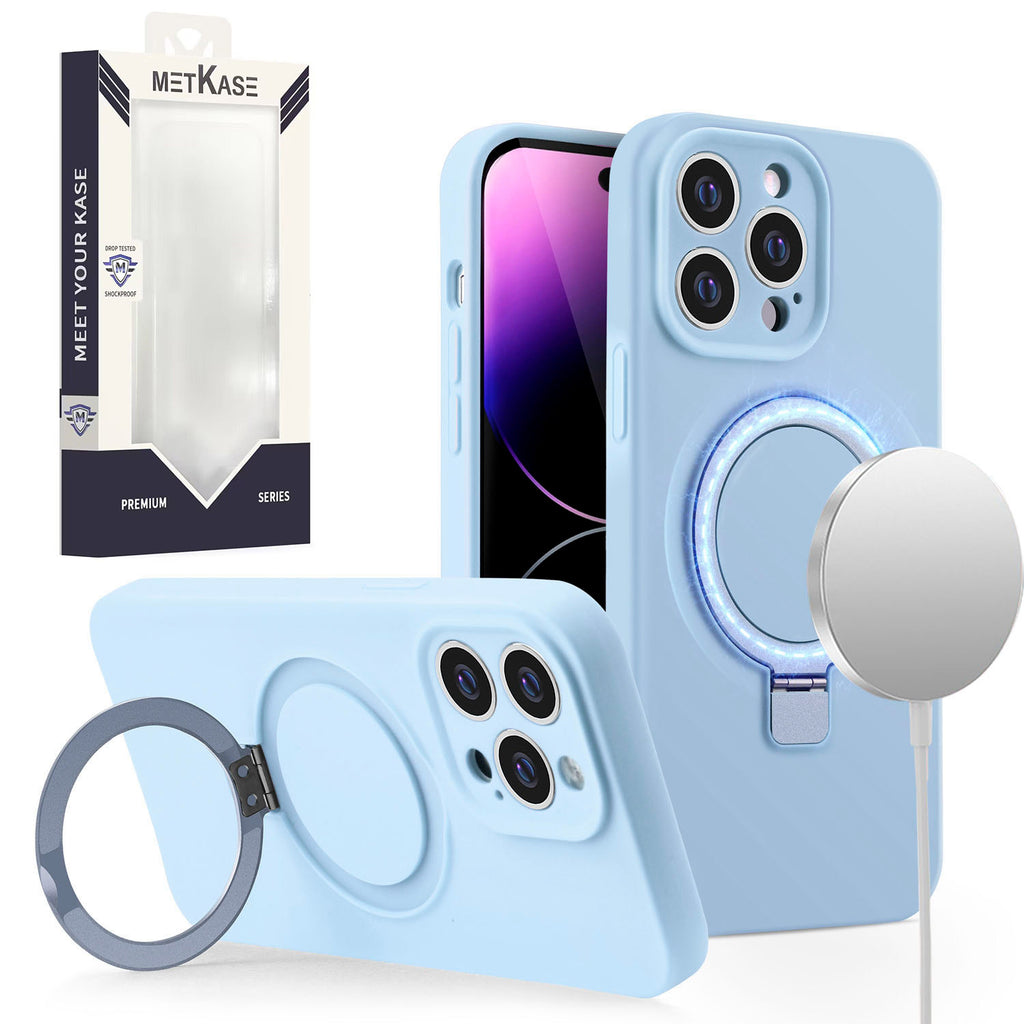 Metkase Magnetic Ring Stand Liquid Silicone Case for iPhone 15 Pro Max - Light Blue