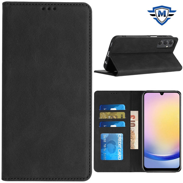 Metkase Wallet PU Vegan Leather ID Card Money Holder With Magnetic Closure In Slide-Out Package For Samsung A25 5G - Black
