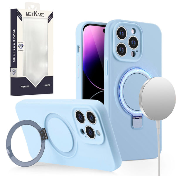 Metkase Magnetic Ring Stand Liquid Silicone Case for iPhone 15 - Light Blue