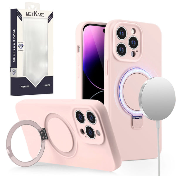 Metkase Magnetic Ring Stand Liquid Silicone Case for iPhone 15 Pro - Light Pink