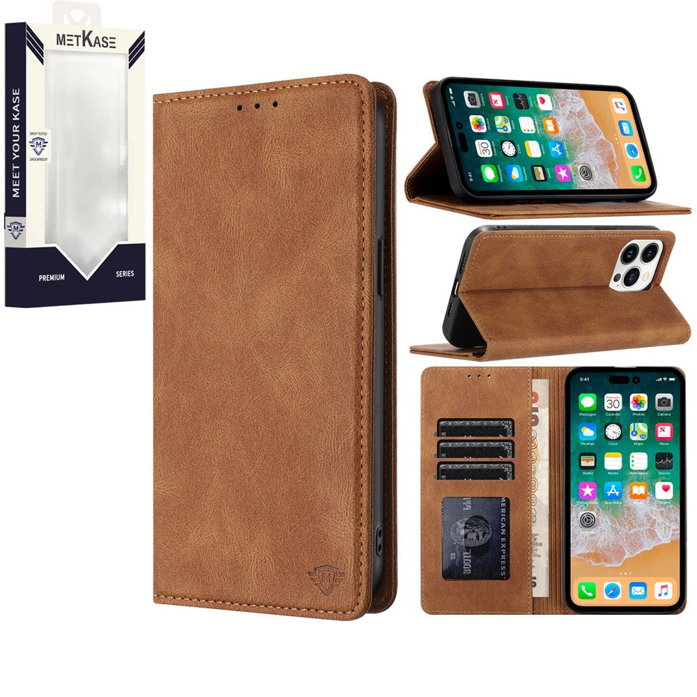 Metkase Wallet PU Vegan Leather ID Card Money Holder With Magnetic Closure For iPhone 15 - Brown
