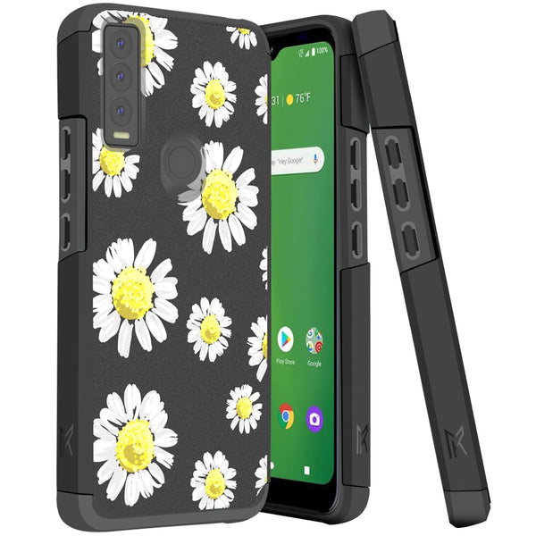 Metkase Tough Strong Hybrid (Magnet Mount Friendly) Case For Cricket Ovation 3 - Chamomile Flowers