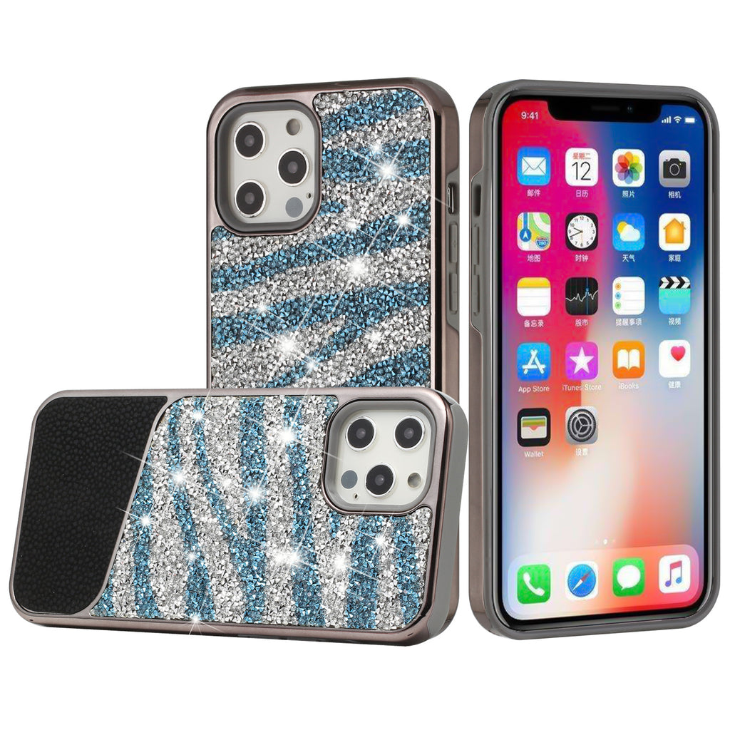 Hybrid Design Case For iPhone 11 - Blue Zebra - Bling Animal Design Glitter Wild Flag