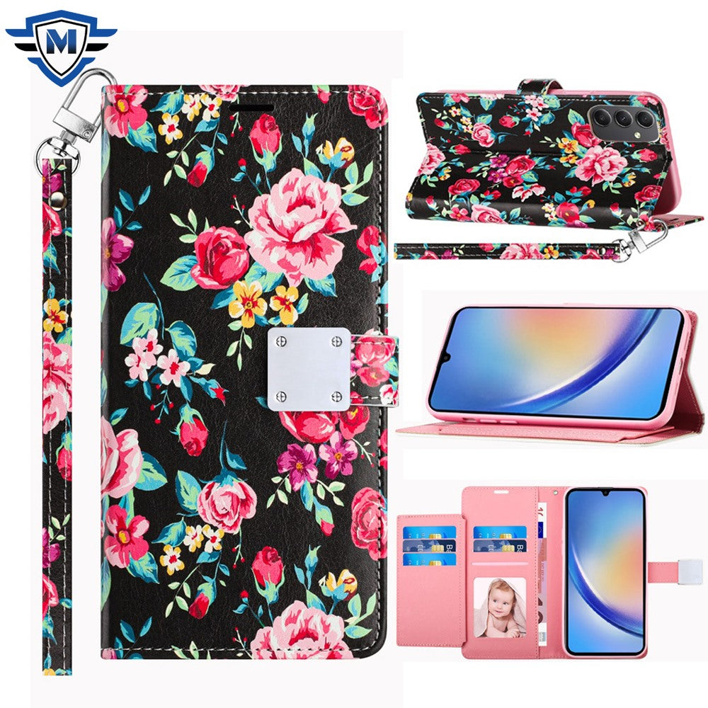 Metkase Design Wallet ID Credit Card Money Holder With Magnetic Metal Closure Including Lanyard For Samsung A15 5G - Tropical Romantic Colorful Roses Floral