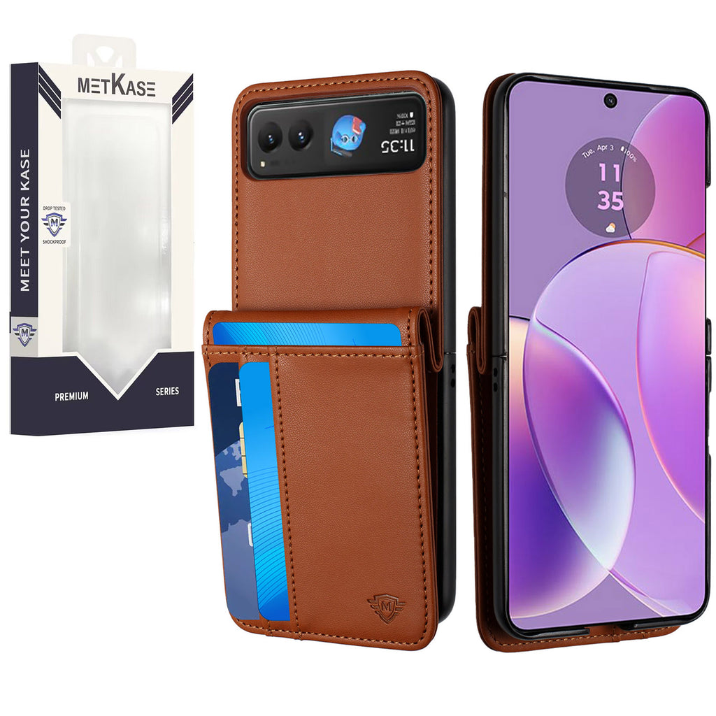 Metkase Card Slot Wallet Holder Case In Slide-Out Package For Motorola Razr 2023 - Brown