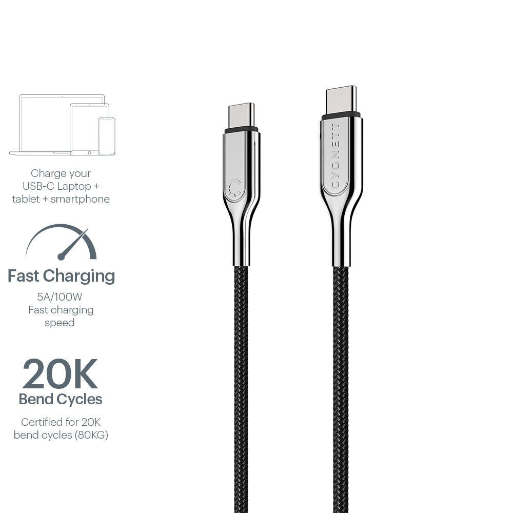 Cygnett Armoured 2.0 USB-C to USB-C  (5A/100W ) Cable 1M - Black