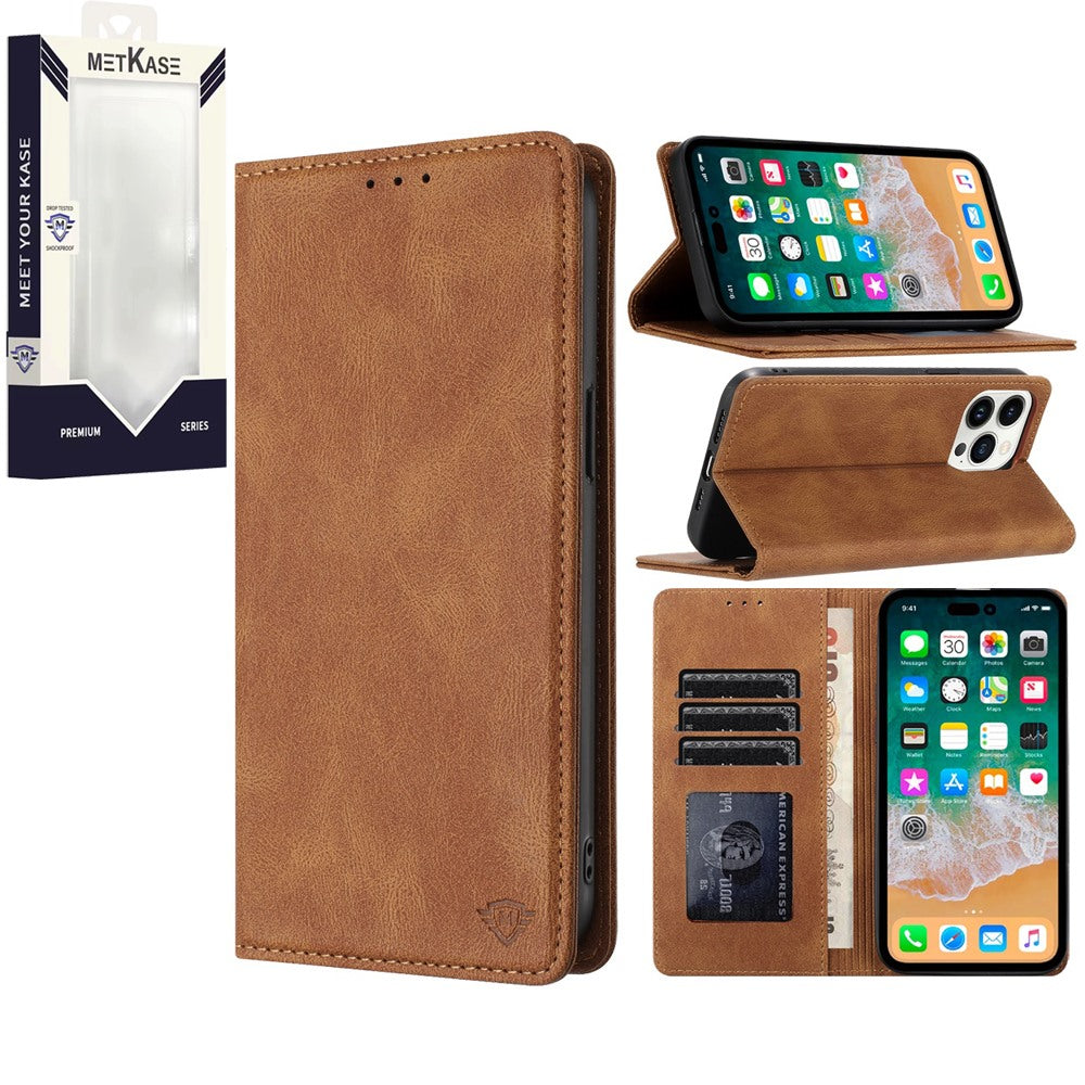 Metkase Luxury Wallet Card ID Zipper Money Holder For iPhone 12|iPhone 12 Pro - Brown