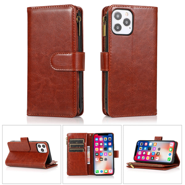 Luxury Wallet Card ID Zipper Money Holder Case Cover For Motorola Moto G Play 2023 - Brown