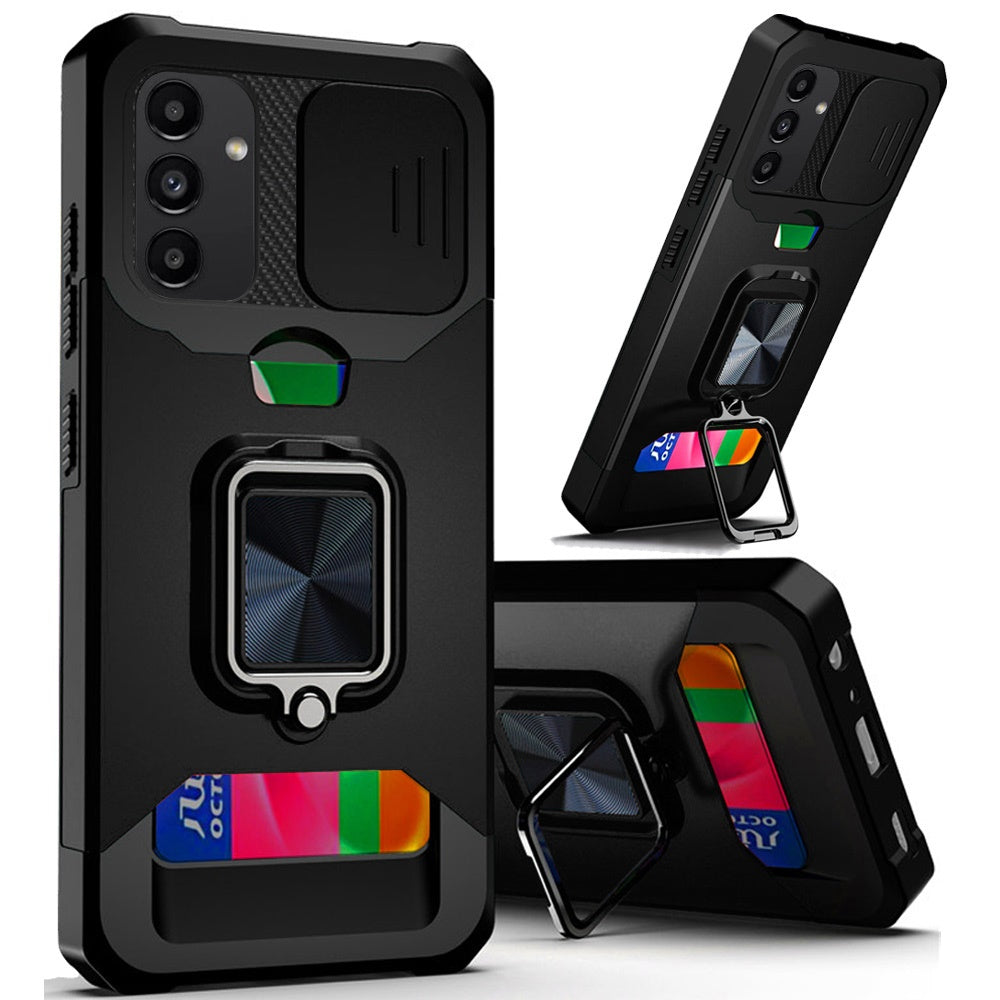 Hybrid Camera Case For Samsung A54 5G - Black - Multi-Functional Card Magnetic Ring Stand Wild Flag