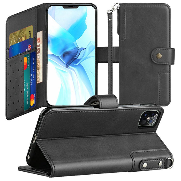 Retro Wallet Card Holder Case Cover For iPhone 12 & iPhone 12 Pro (Open Camera Hole) - Black