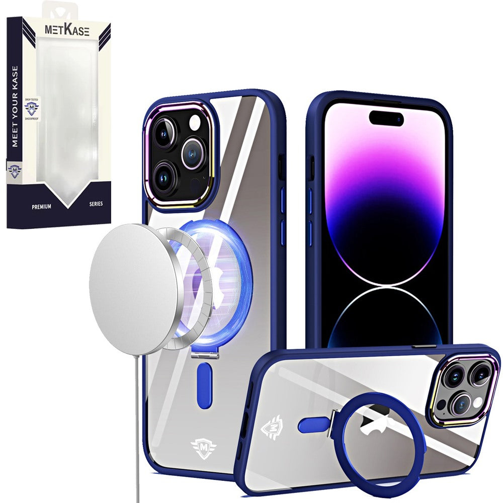 Metkase Dazzle Magnetic Ring Stand Alloy Chrome Transparent Hybrid Case for iPhone 15 - Navy Blue